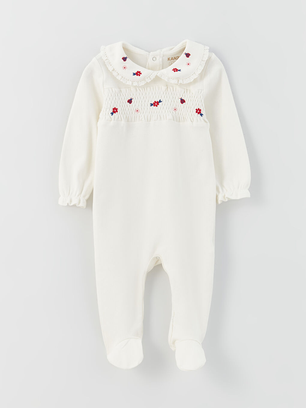 Ekru Bebe Yaka Nakışlı Kız Bebek 3'lü Takım-3