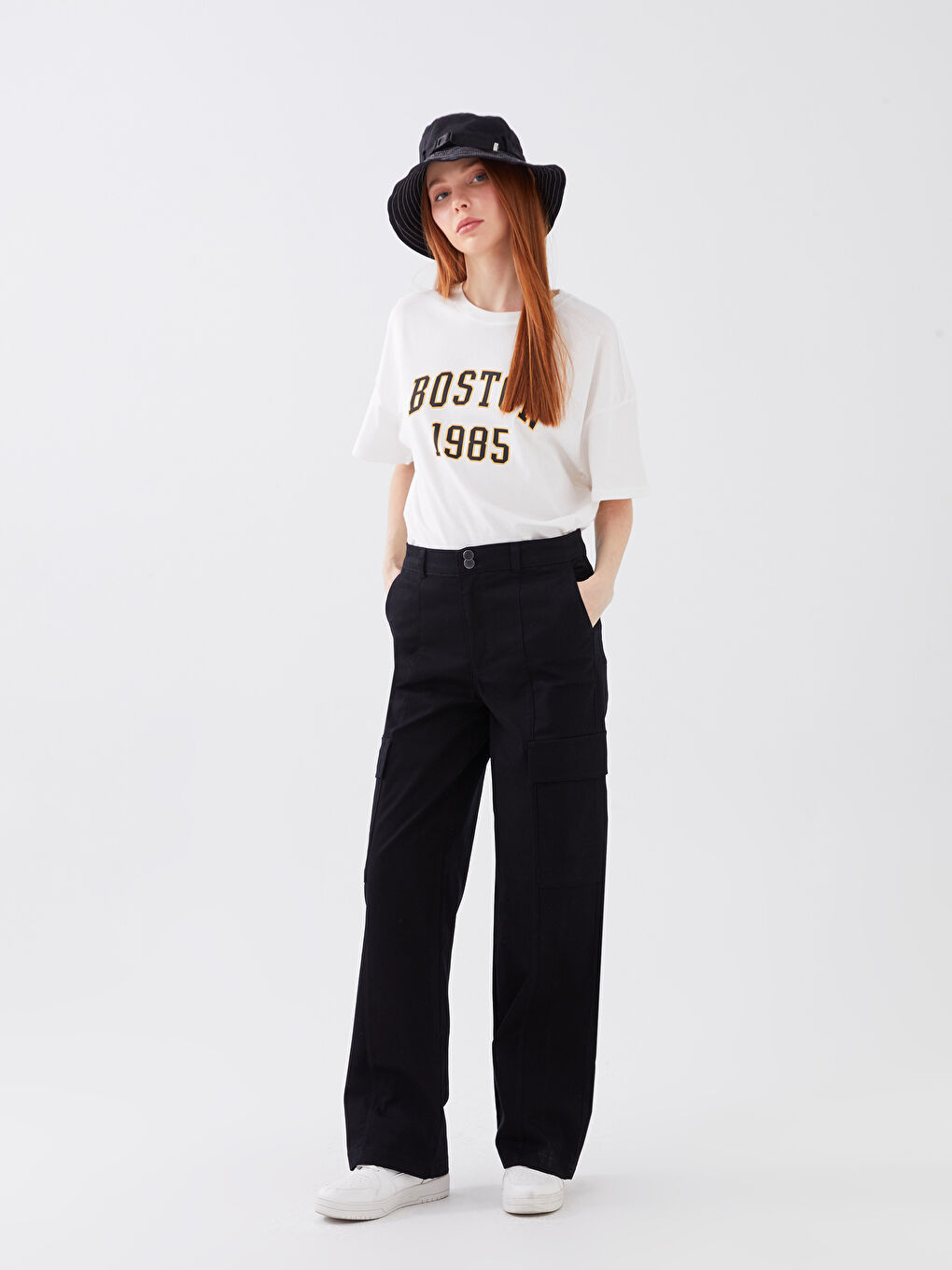 Siyah Rahat Kalıp Düz Gabardin Kadın Kargo Pantolon