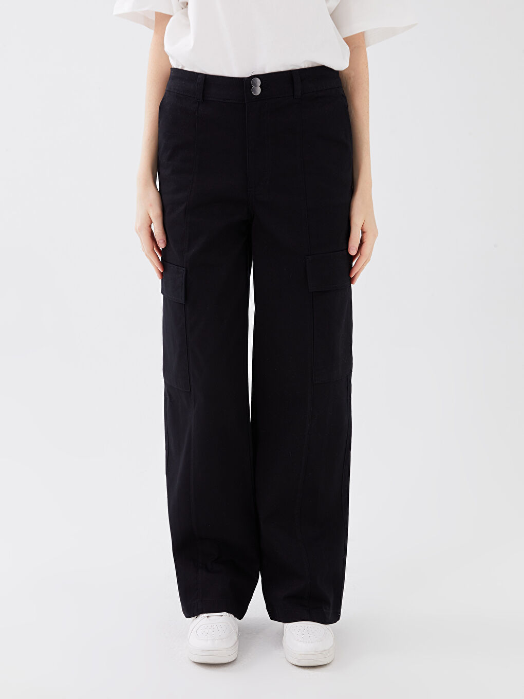 Siyah Rahat Kalıp Düz Gabardin Kadın Kargo Pantolon-2