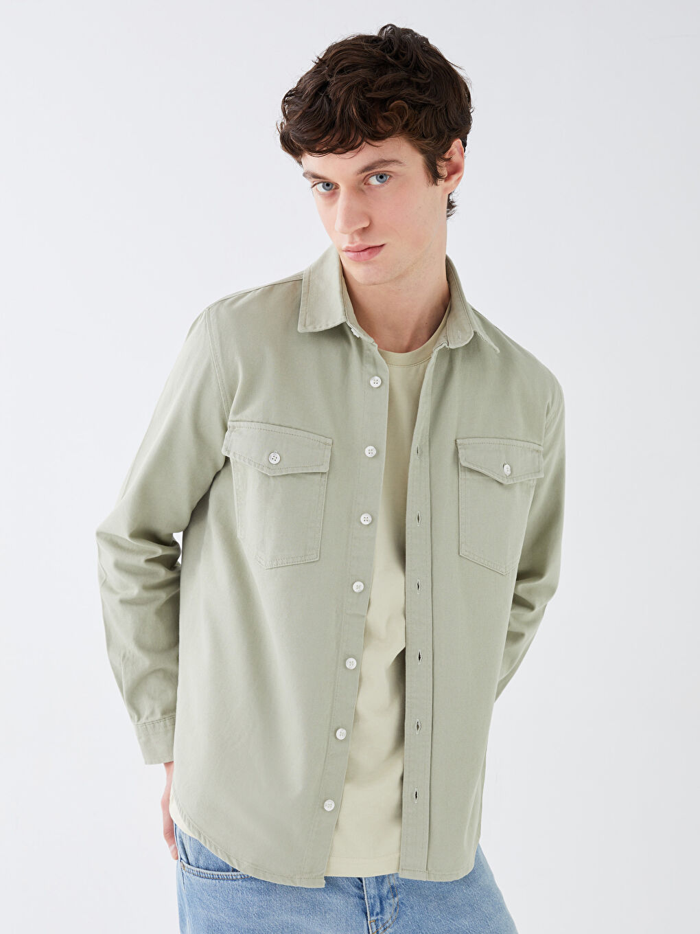 Yeşil Regular Fit Uzun Kollu Erkek Jean Gömlek