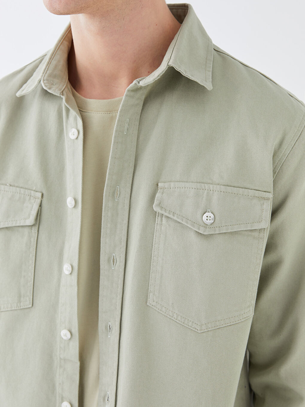 Yeşil Regular Fit Uzun Kollu Erkek Jean Gömlek-3