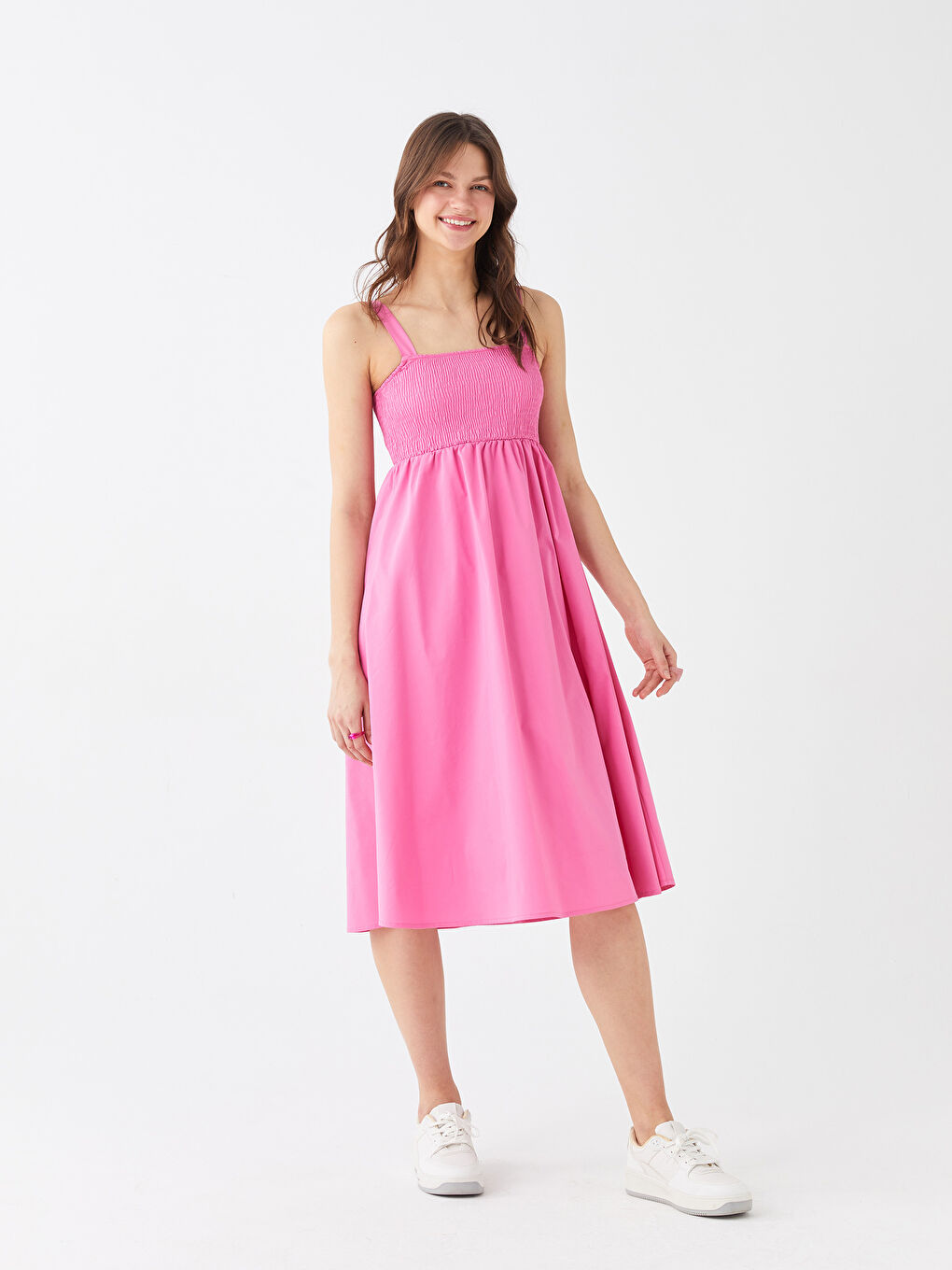 Pembe Kare Yaka Düz Askılı Poplin Elbise-1