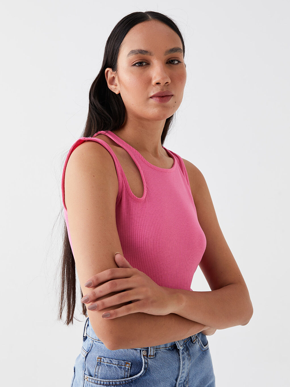 Maiou Femei cu Detalii Fereastră și Guler Rotund-1