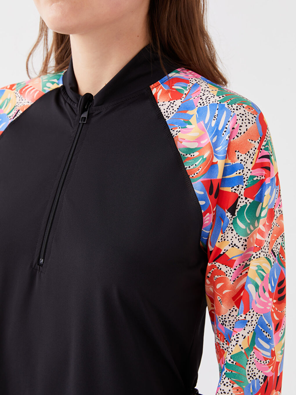 Siyah Dik Yaka Desenli Kadın Tesettür Mayo Takımı-2