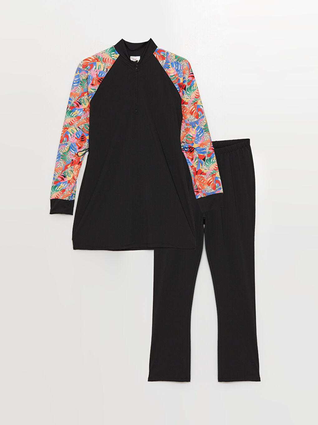 Siyah Dik Yaka Desenli Kadın Tesettür Mayo Takımı-4