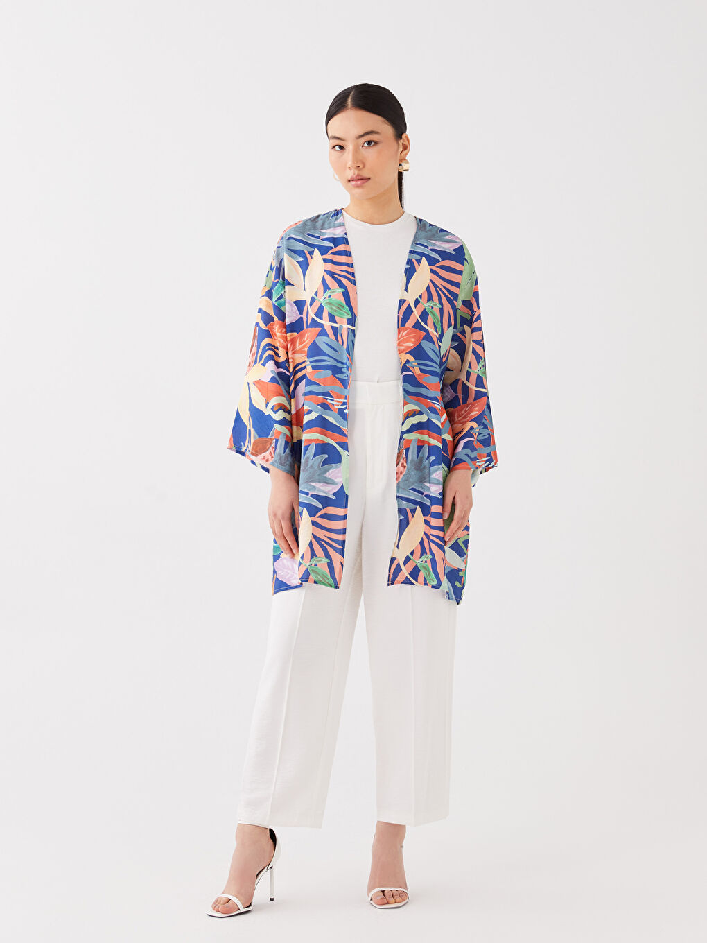 كيمونو نسائي واسع بنقشة وياقة شال-1