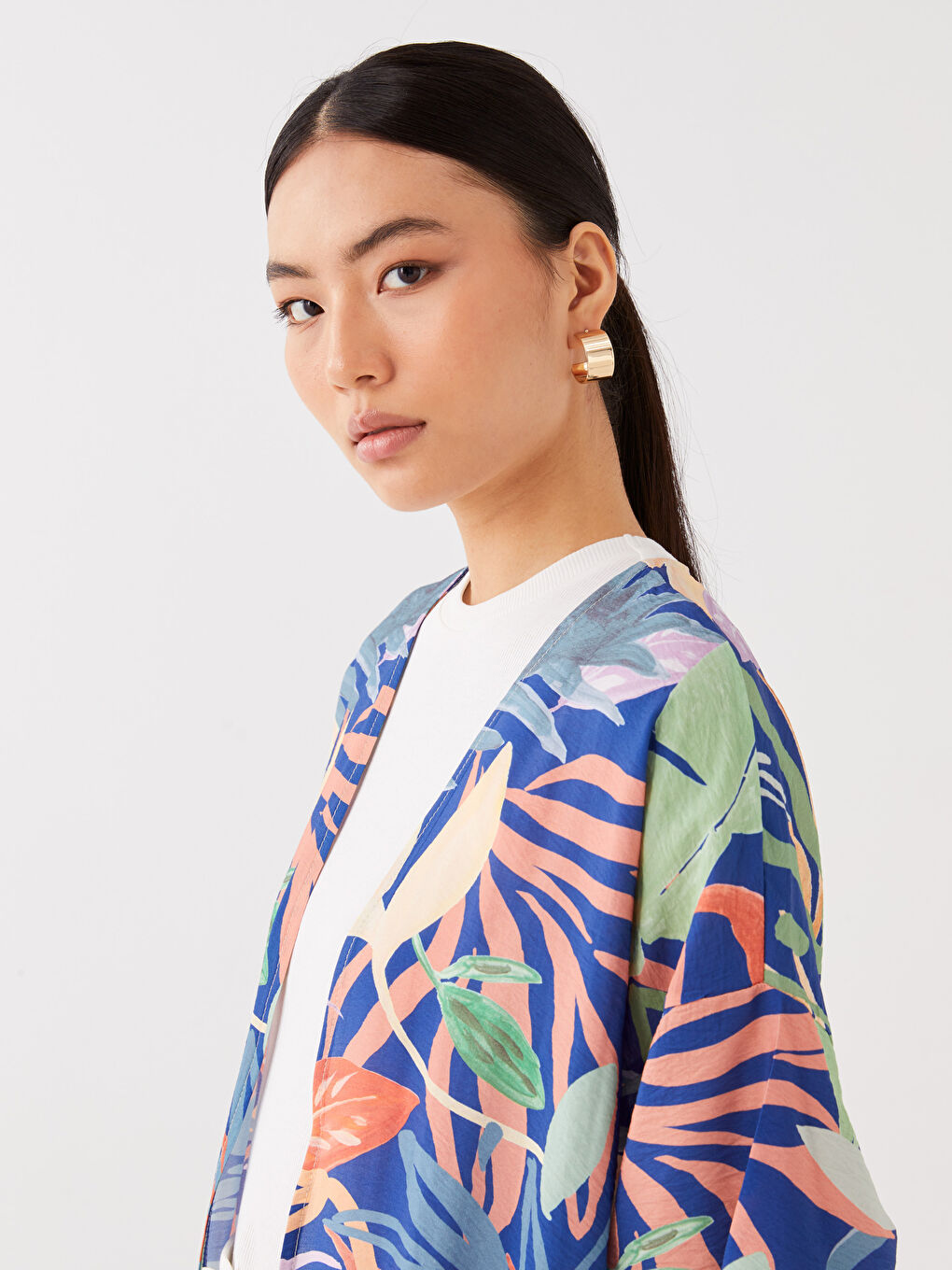 كيمونو نسائي واسع بنقشة وياقة شال-2