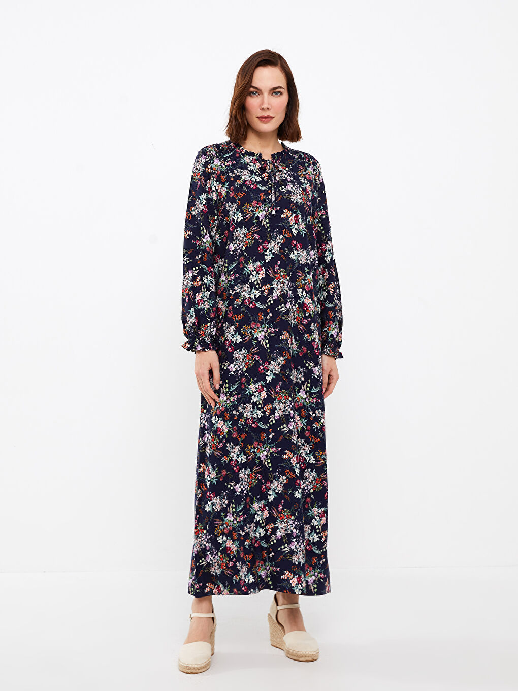 Tie Collar Floral Long Sleeve A-Line Women's Dress