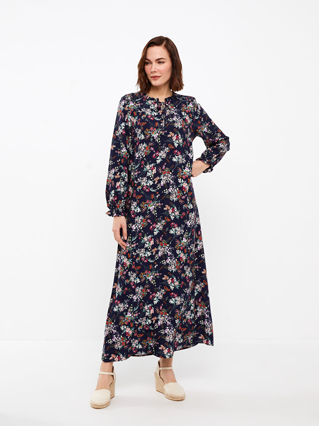 Tie Collar Floral Long Sleeve A-Line Women's Dress-1