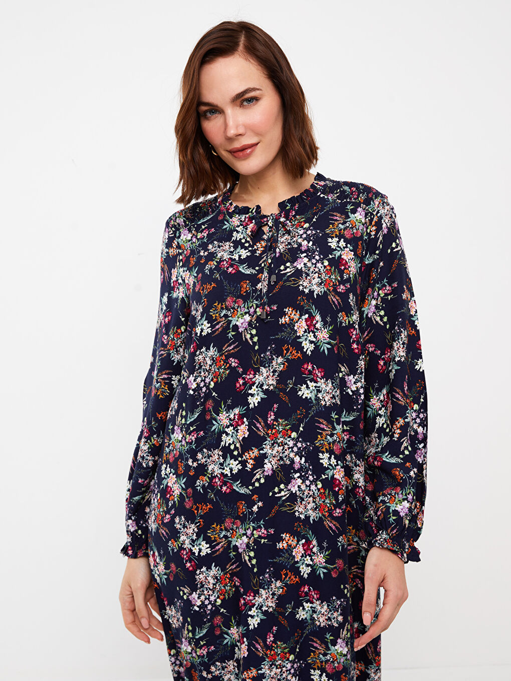 Tie Collar Floral Long Sleeve A-Line Women's Dress-2