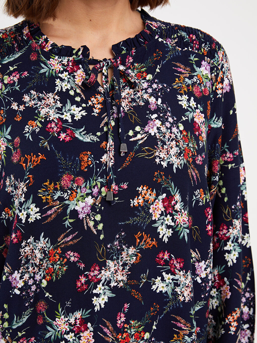 Tie Collar Floral Long Sleeve A-Line Women's Dress-3