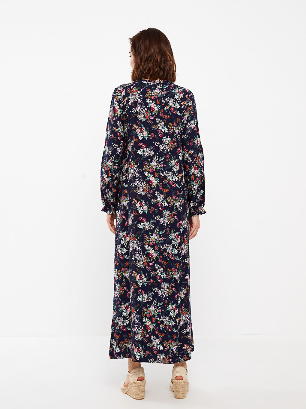 Tie Collar Floral Long Sleeve A-Line Women's Dress-4