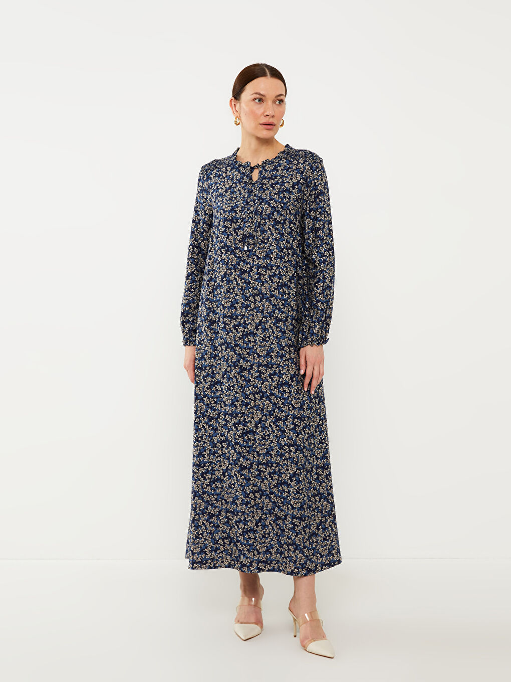 Lacivert Bağlamalı Yaka Çiçekli Uzun Kollu A Kesim Kadın Elbise