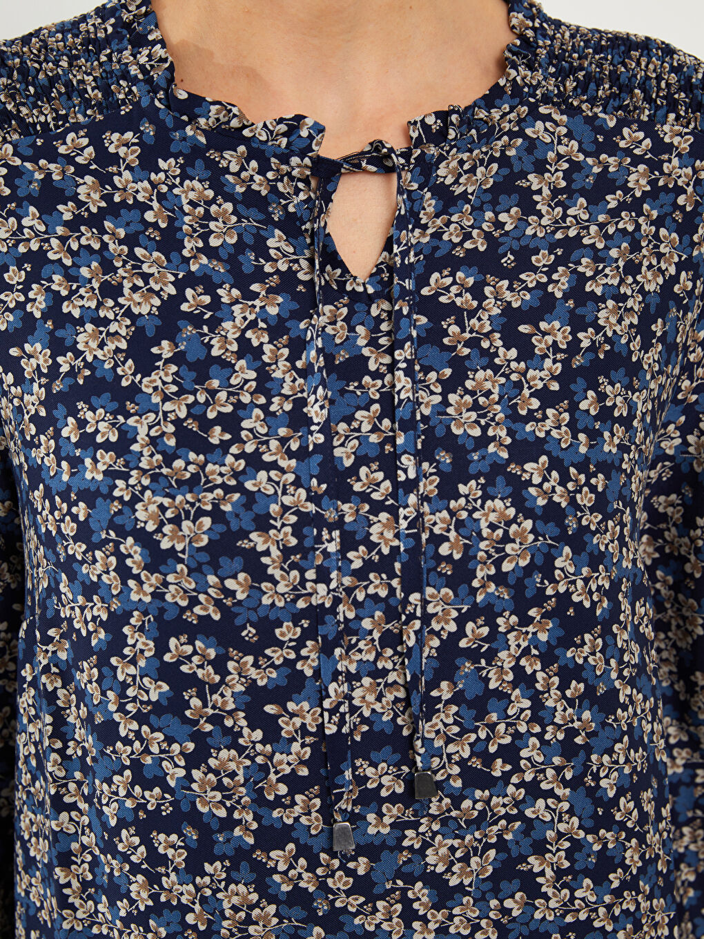 Lacivert Bağlamalı Yaka Çiçekli Uzun Kollu A Kesim Kadın Elbise-3