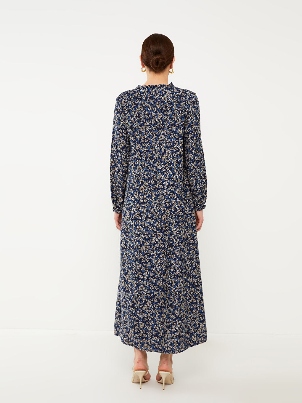 Lacivert Bağlamalı Yaka Çiçekli Uzun Kollu A Kesim Kadın Elbise-4