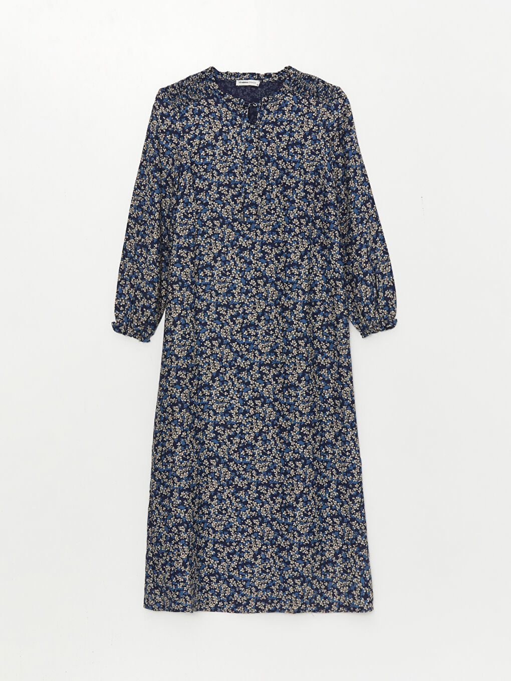 Lacivert Bağlamalı Yaka Çiçekli Uzun Kollu A Kesim Kadın Elbise-5