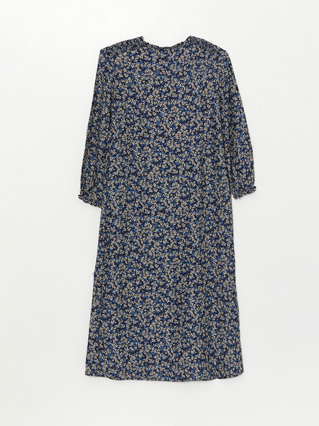 Lacivert Bağlamalı Yaka Çiçekli Uzun Kollu A Kesim Kadın Elbise-6