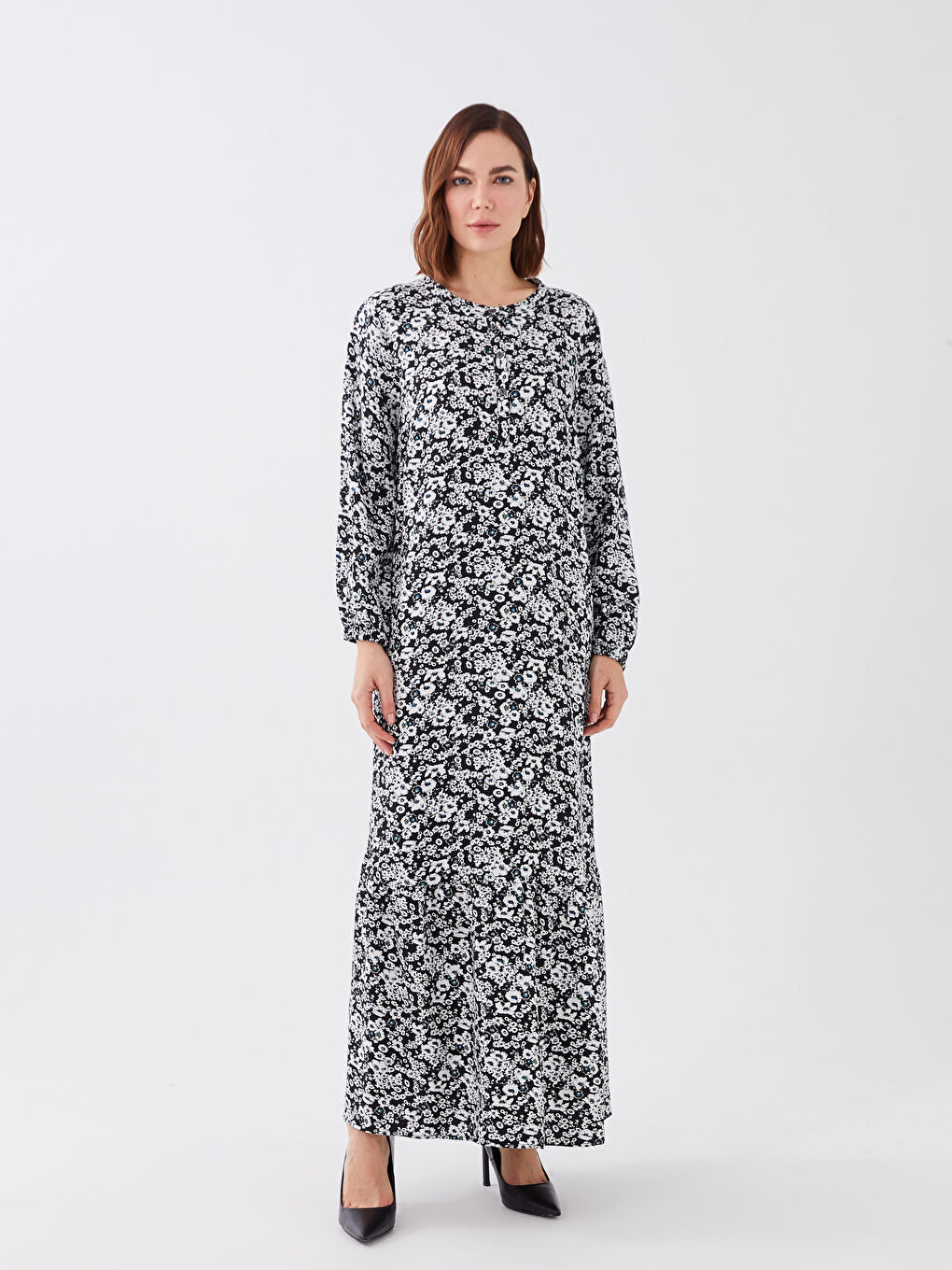 Haki Bisiklet Yaka Desenli Uzun Kollu Kadın Elbise