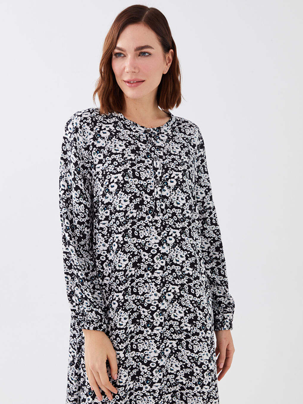 Haki Bisiklet Yaka Desenli Uzun Kollu Kadın Elbise-1