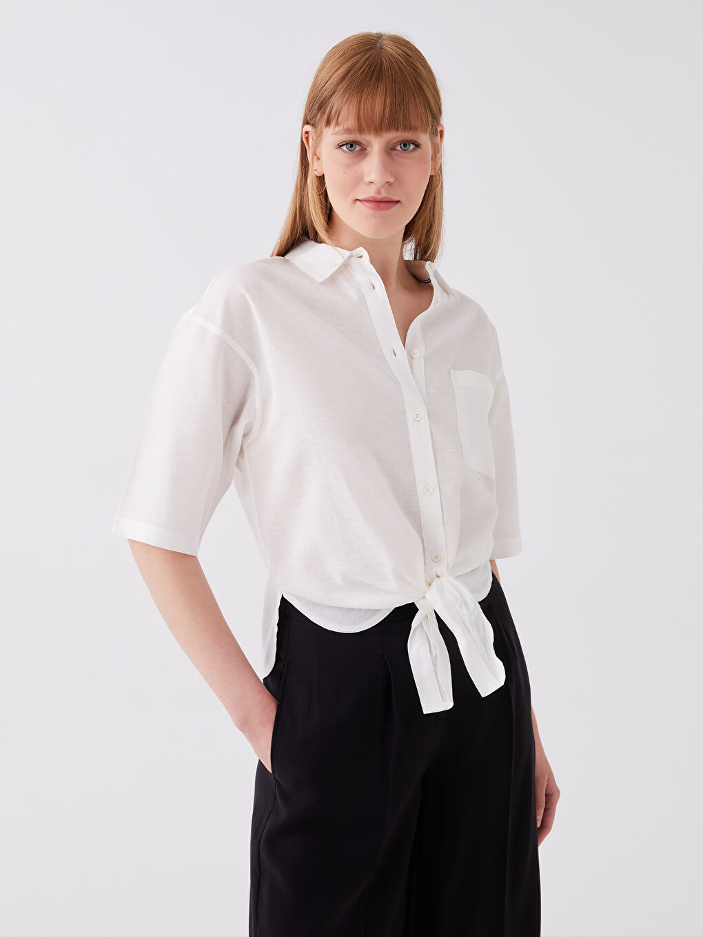 Plain Short Sleeve Crop Poplin Women's Shirt