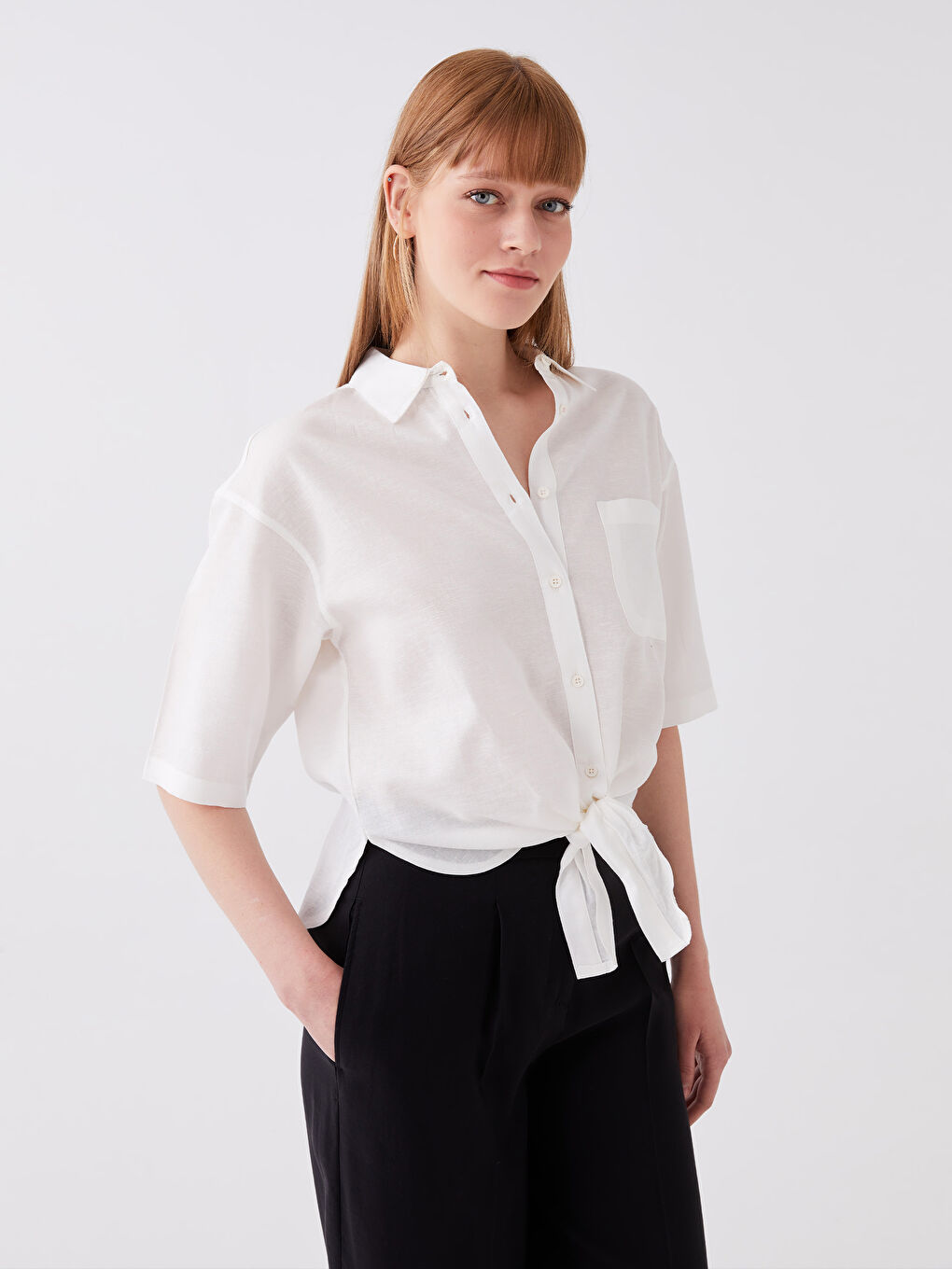 Plain Short Sleeve Crop Poplin Women's Shirt-1
