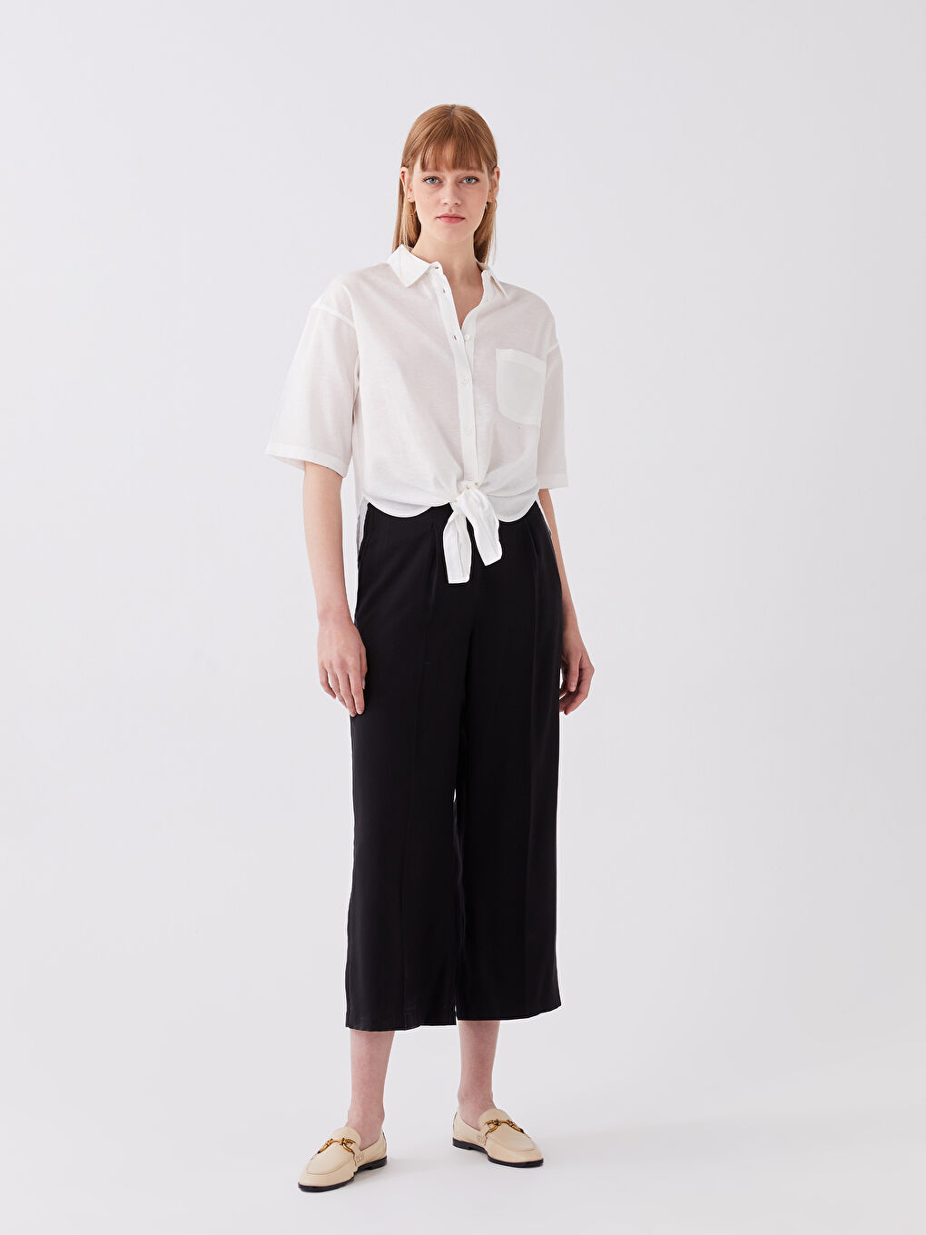 Plain Short Sleeve Crop Poplin Women's Shirt-2