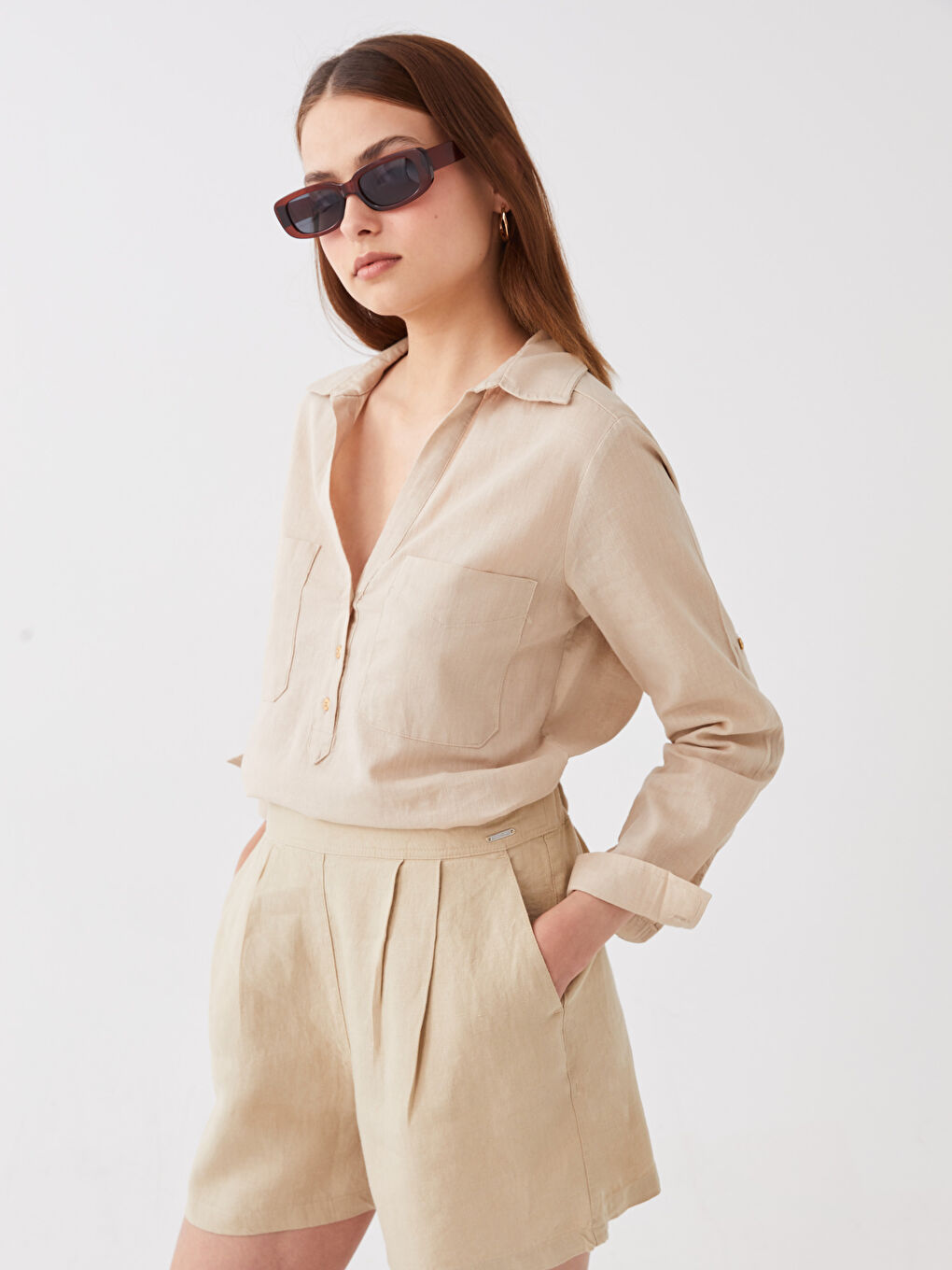 SOUTHBLUE Shirt Collar Plain Long Sleeve Linen Blend Women's Blouse -S3ED12Z8-MB0