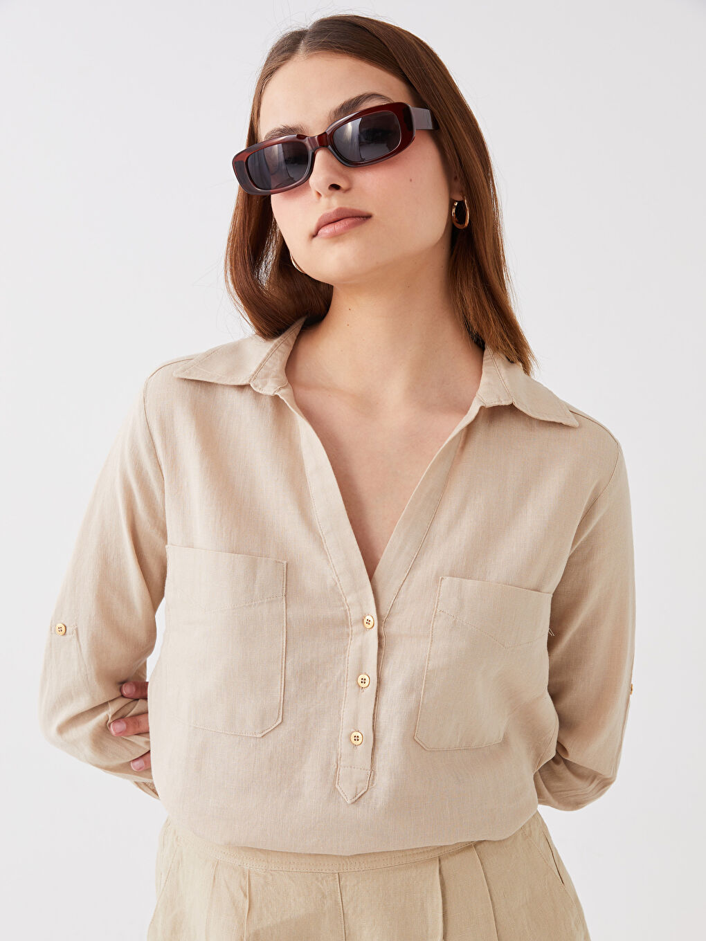 SOUTHBLUE Shirt Collar Plain Long Sleeve Linen Blend Women's Blouse -S3ED12Z8-MB0