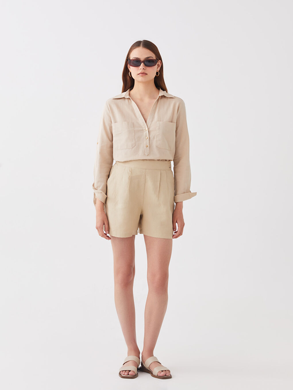 SOUTHBLUE Shirt Collar Plain Long Sleeve Linen Blend Women's Blouse -S3ED12Z8-MB0