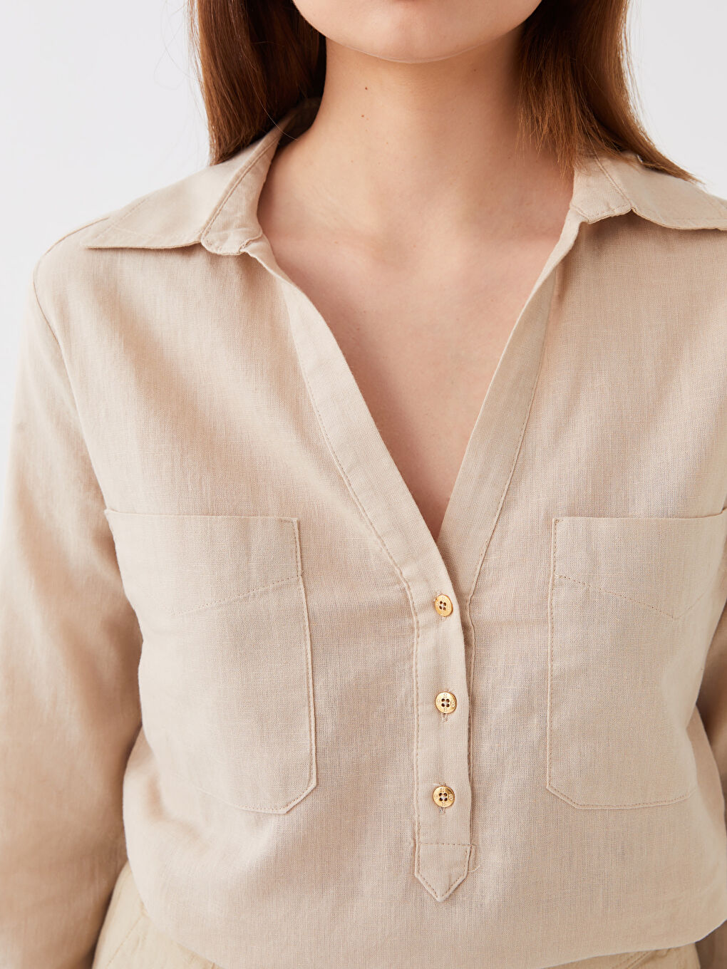 SOUTHBLUE Shirt Collar Plain Long Sleeve Linen Blend Women's Blouse -S3ED12Z8-MB0