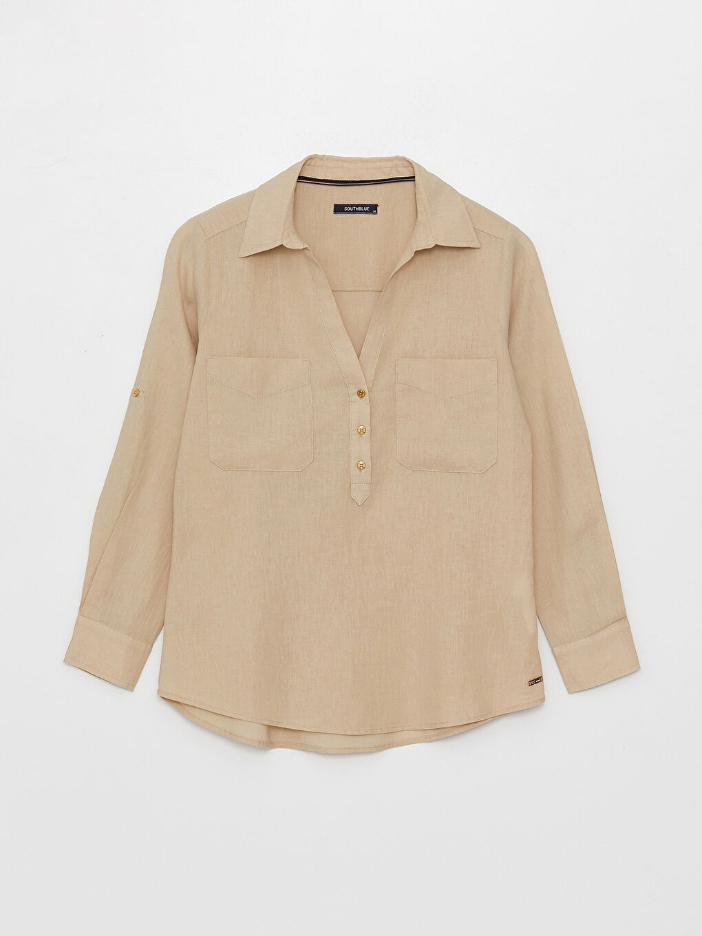 SOUTHBLUE Shirt Collar Plain Long Sleeve Linen Blend Women's Blouse -S3ED12Z8-MB0