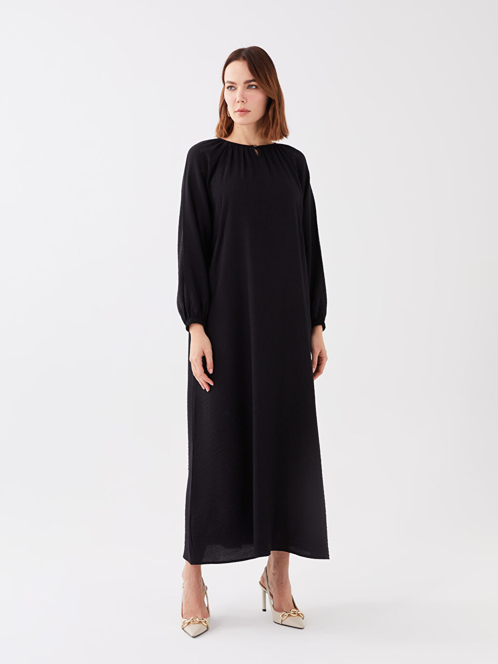 Siyah Bisiklet Yaka Düz Uzun Kollu A Kesim Keten Görünümlü Elbise-1