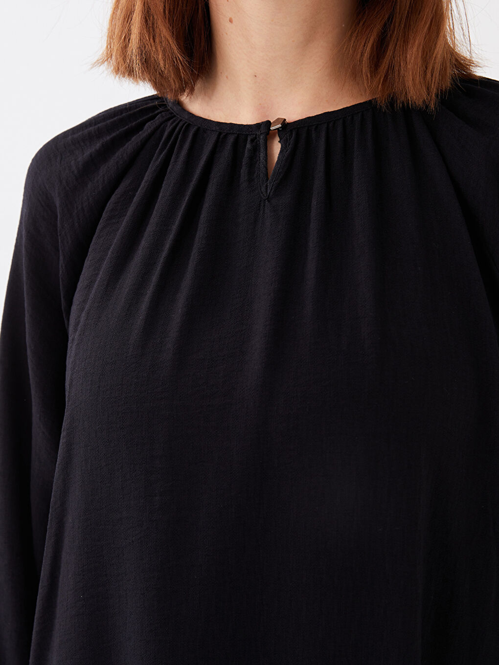 Siyah Bisiklet Yaka Düz Uzun Kollu A Kesim Keten Görünümlü Elbise-3