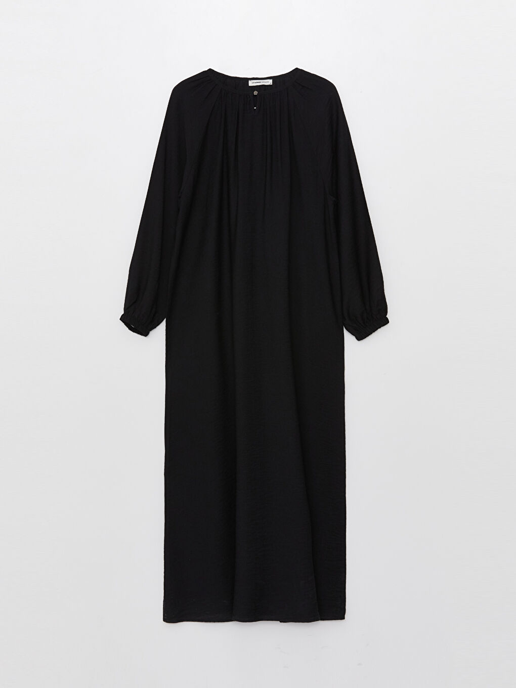 Siyah Bisiklet Yaka Düz Uzun Kollu A Kesim Keten Görünümlü Elbise-5