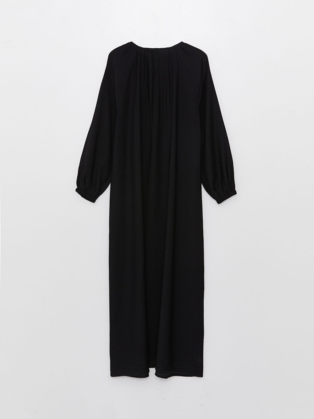 Siyah Bisiklet Yaka Düz Uzun Kollu A Kesim Keten Görünümlü Elbise-6