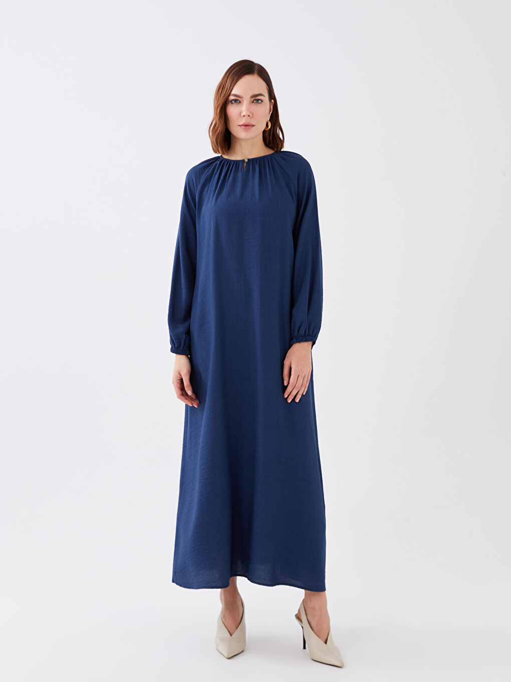 Mavi Bisiklet Yaka Düz Uzun Kollu A Kesim Keten Görünümlü Kadın Elbise