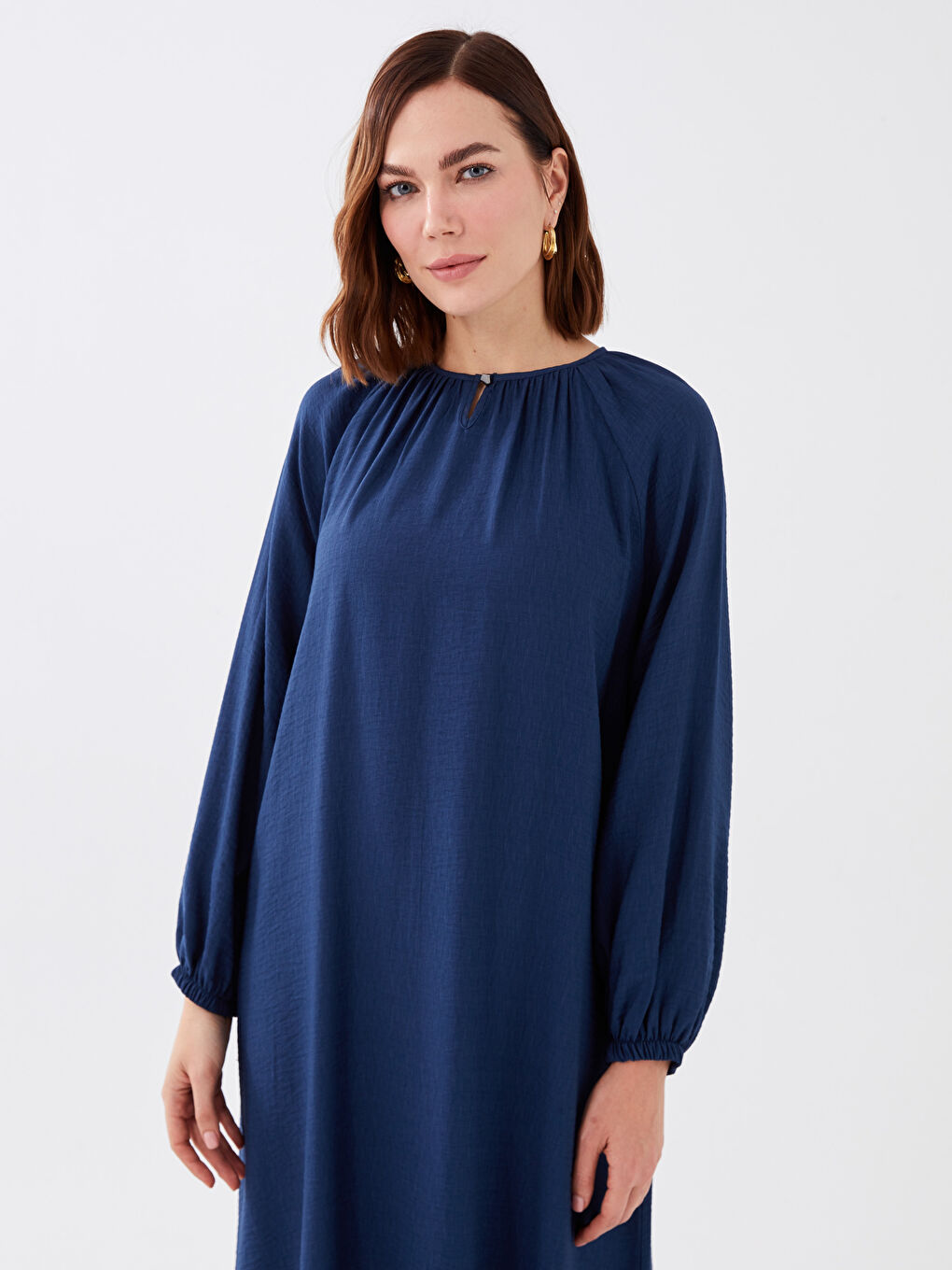 Mavi Bisiklet Yaka Düz Uzun Kollu A Kesim Keten Görünümlü Kadın Elbise-2