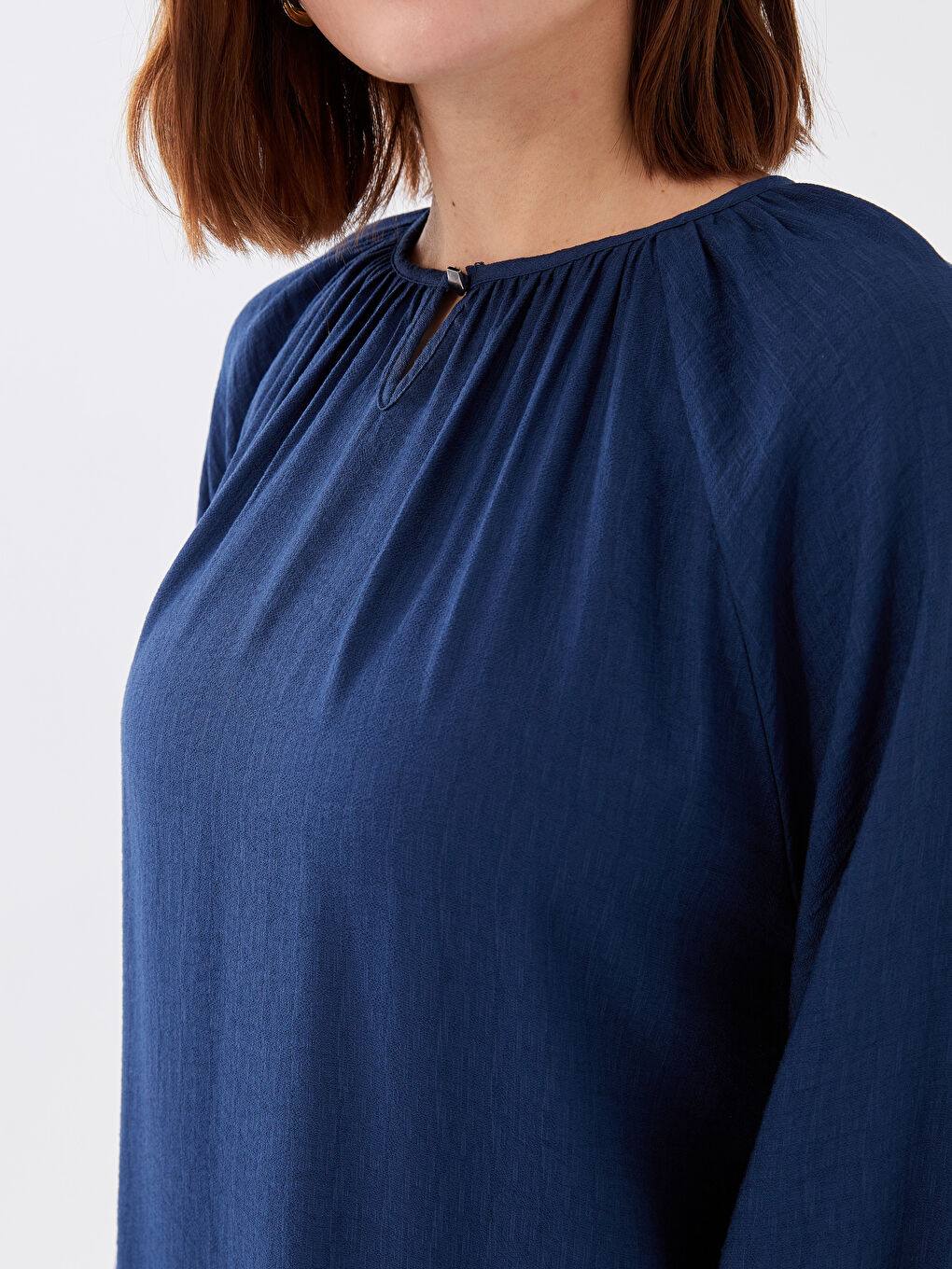 Mavi Bisiklet Yaka Düz Uzun Kollu A Kesim Keten Görünümlü Kadın Elbise-3