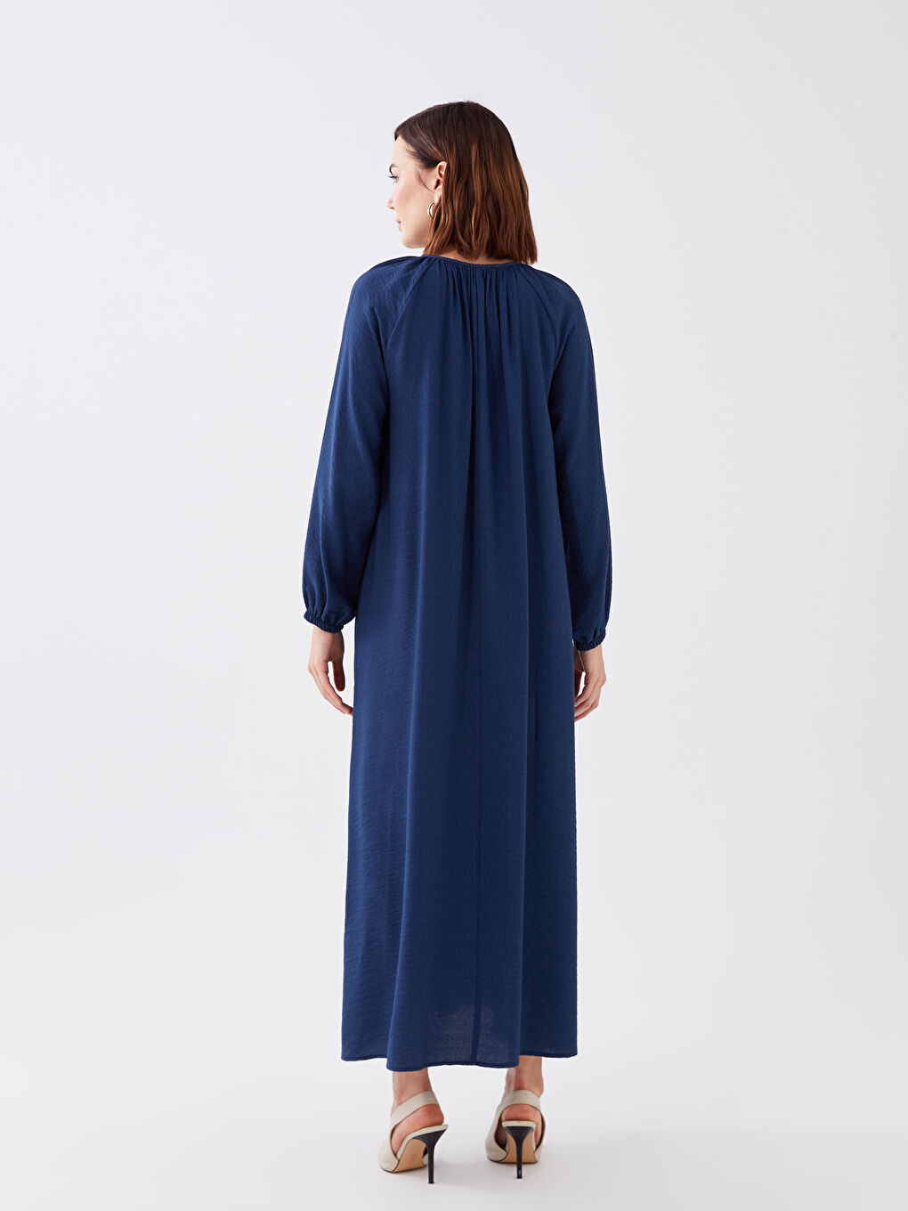 Mavi Bisiklet Yaka Düz Uzun Kollu A Kesim Keten Görünümlü Kadın Elbise-4