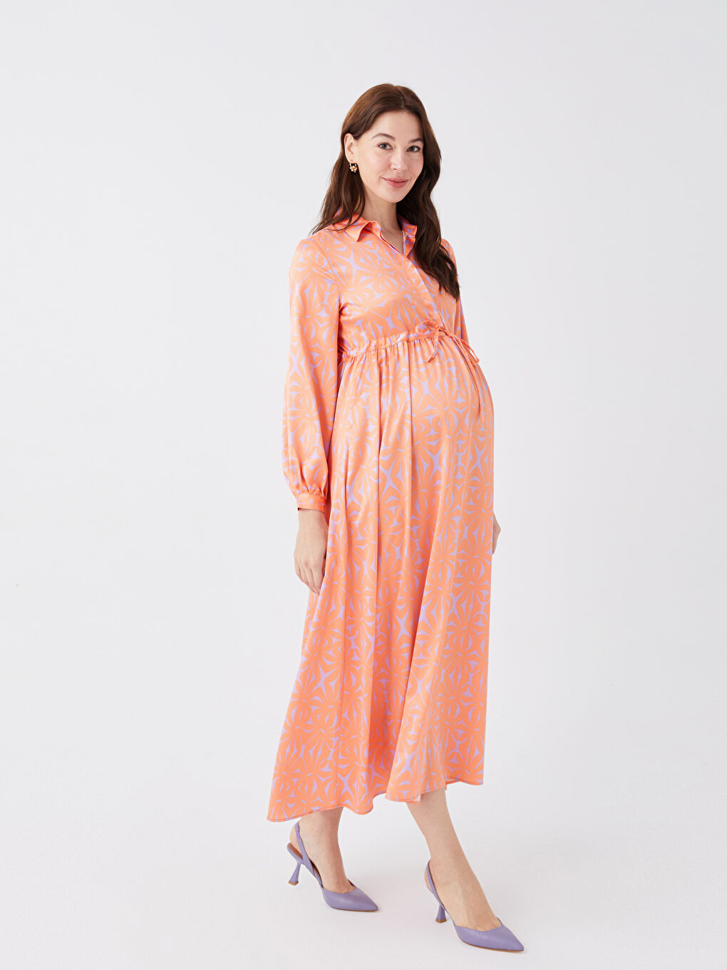 فستان حمل ياقة قميص مطبوع كم طويل ستان