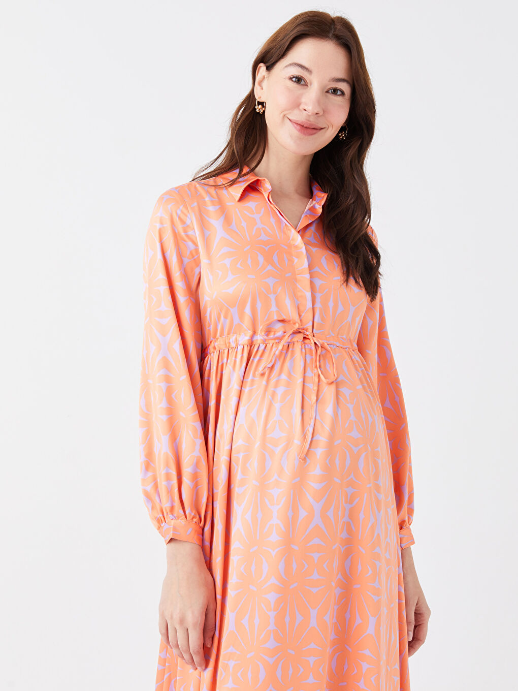 فستان حمل ياقة قميص مطبوع كم طويل ستان-2