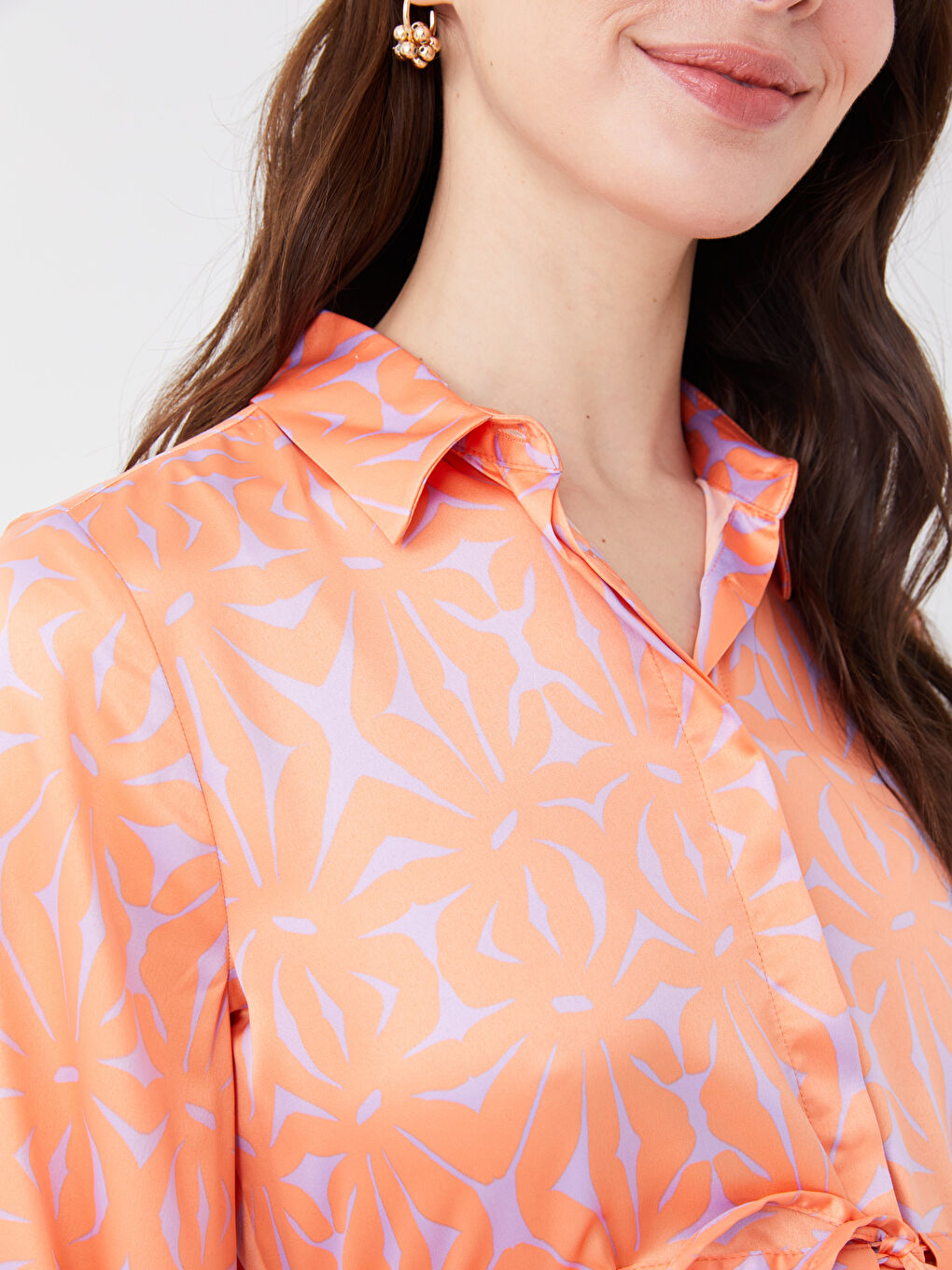 فستان حمل ياقة قميص مطبوع كم طويل ستان-3