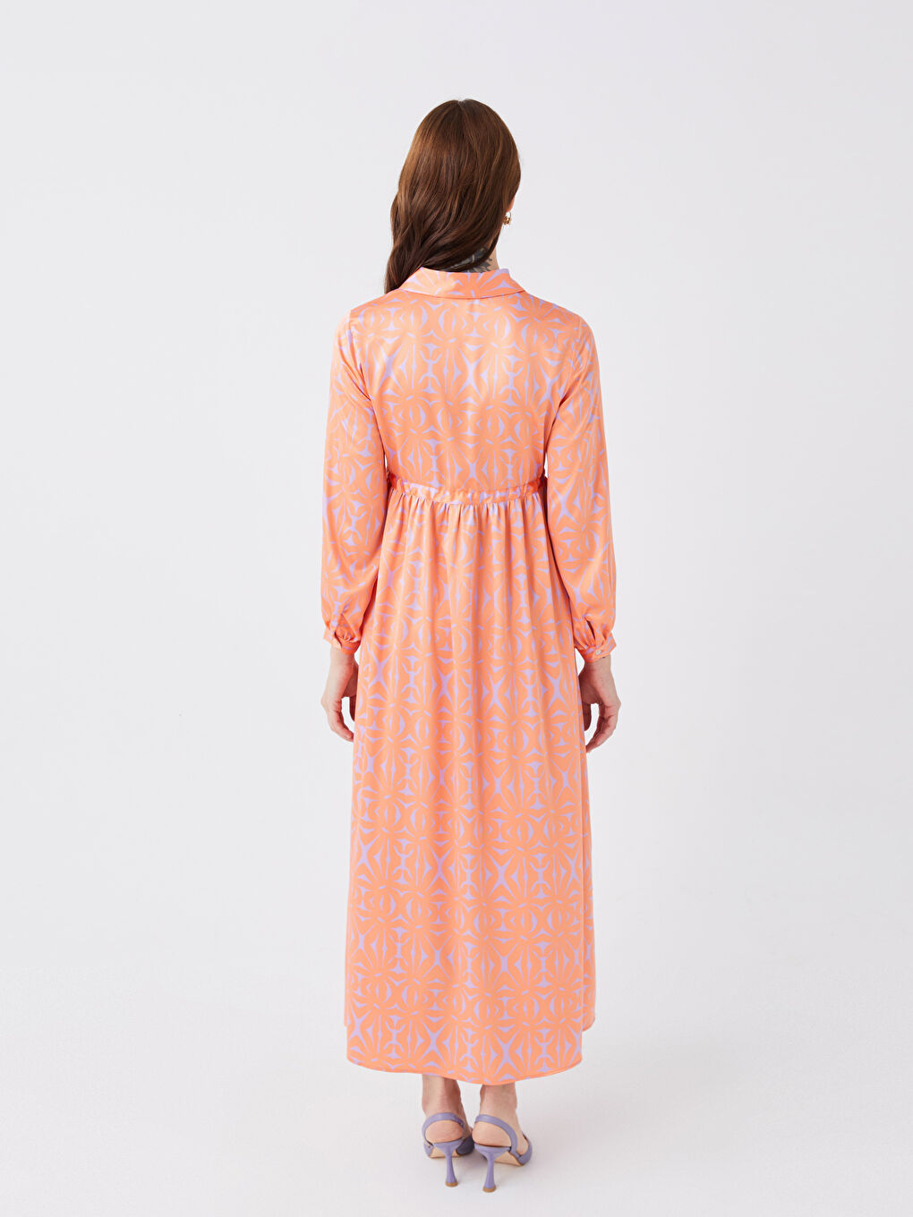 فستان حمل ياقة قميص مطبوع كم طويل ستان-4