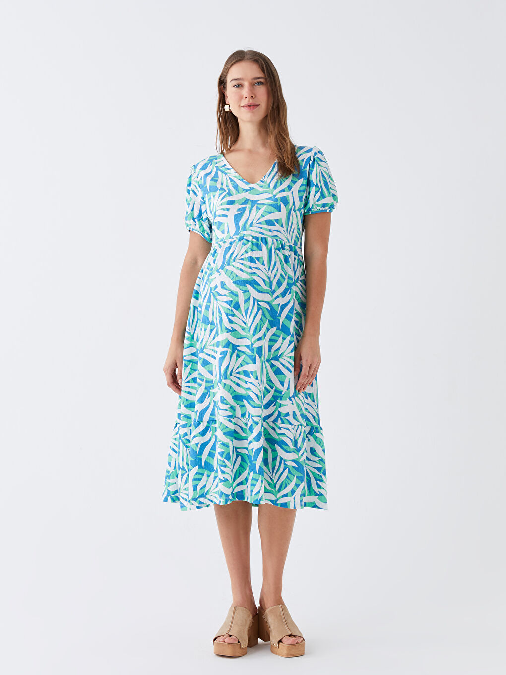 V Neck Patterned Short Sleeve Crinkled Maternity Dress -S3ED29Z8-LQQ