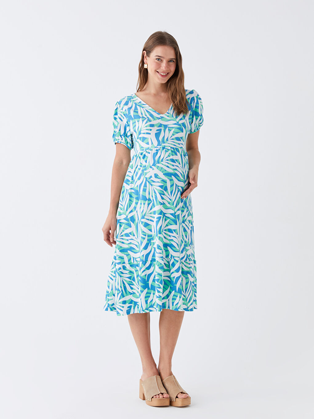 V Neck Patterned Short Sleeve Crinkled Maternity Dress -S3ED29Z8-LQQ