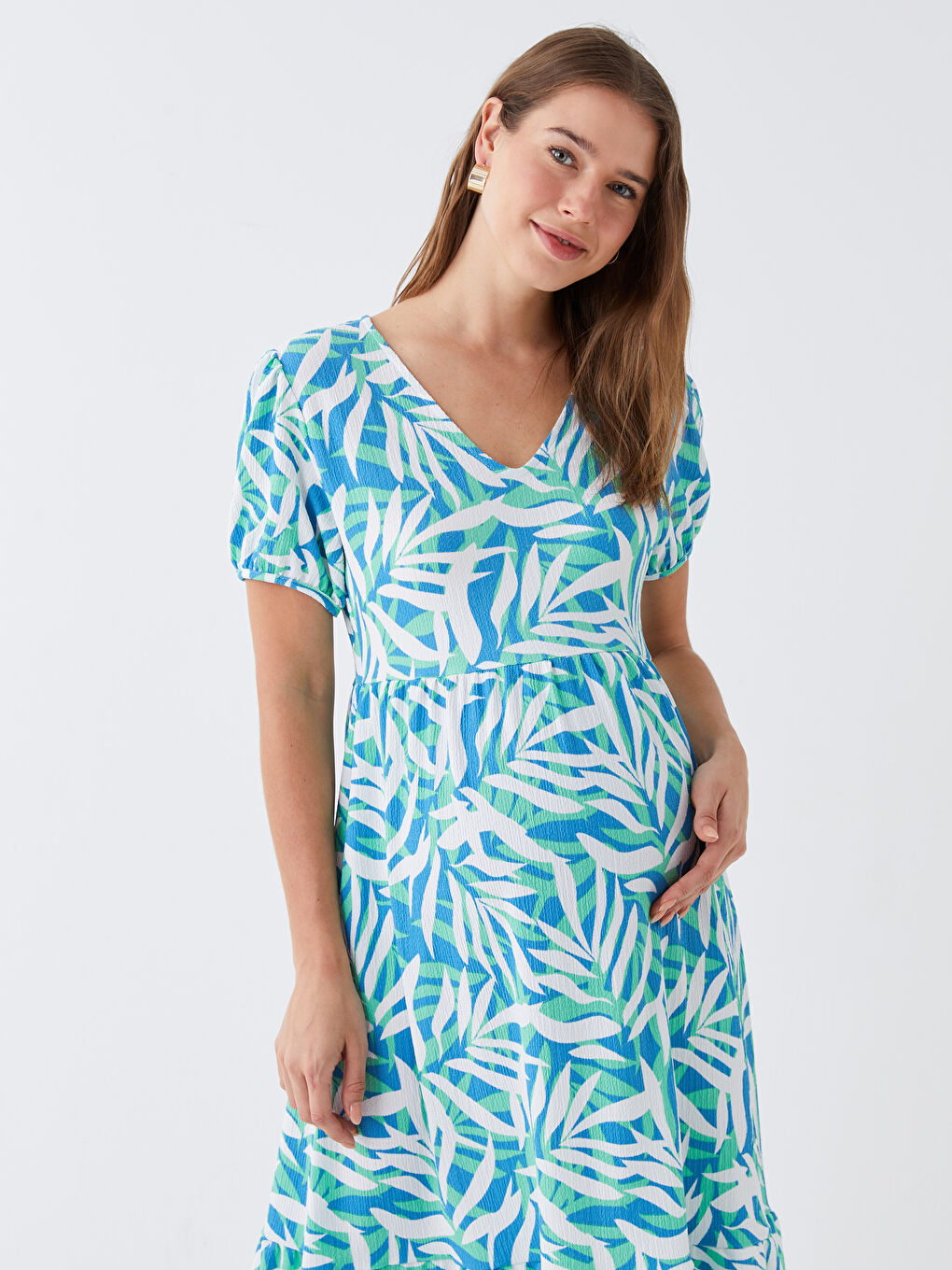 V Neck Patterned Short Sleeve Crinkled Maternity Dress -S3ED29Z8-LQQ