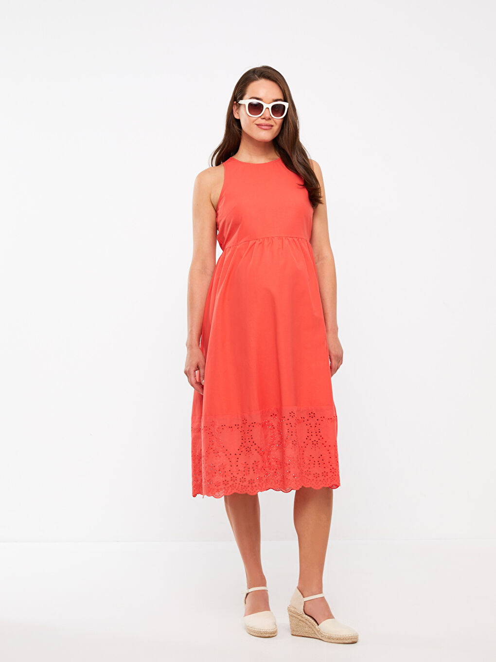 Crew Neck Embroidery Detailed Poplin Maternity Dress -S3ED30Z8-V39