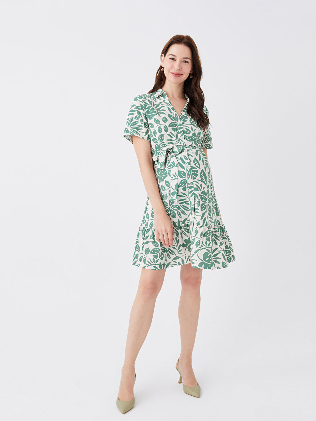 Shirt Collar Printed Short Sleeve Linen Blend Maternity Dress -S3ED38Z8-LRR