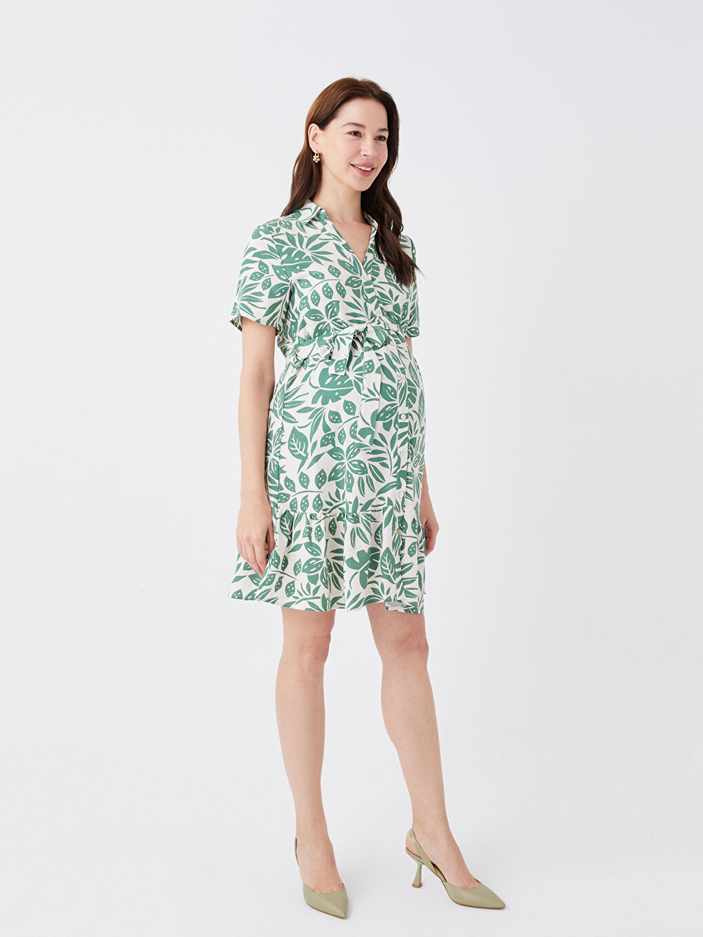 Shirt Collar Printed Short Sleeve Linen Blend Maternity Dress -S3ED38Z8-LRR