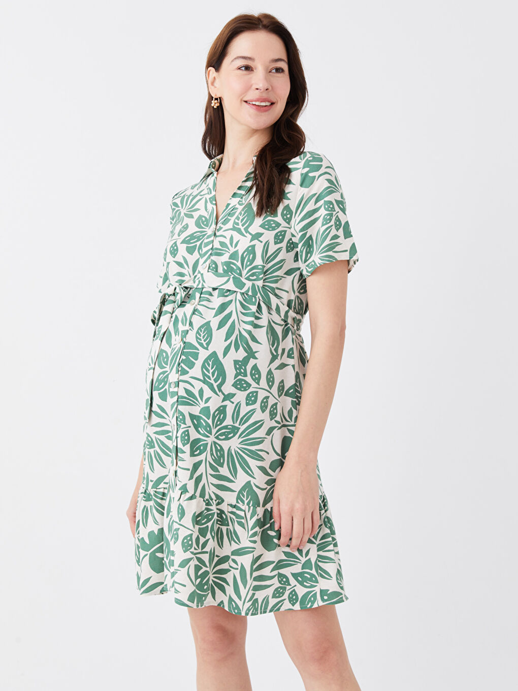 Shirt Collar Printed Short Sleeve Linen Blend Maternity Dress -S3ED38Z8-LRR